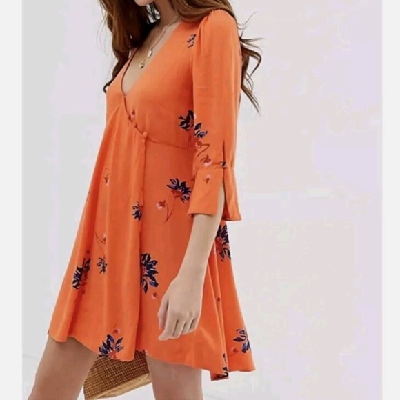 Free People Time On My Side Mini Wrap Dress Floral Orange - Picture 7 of 7